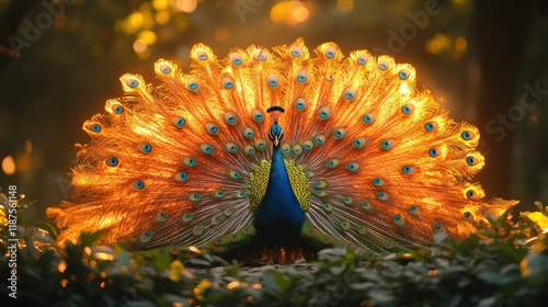Majestic peacock displaying vibrant plumage in golden sunlight.