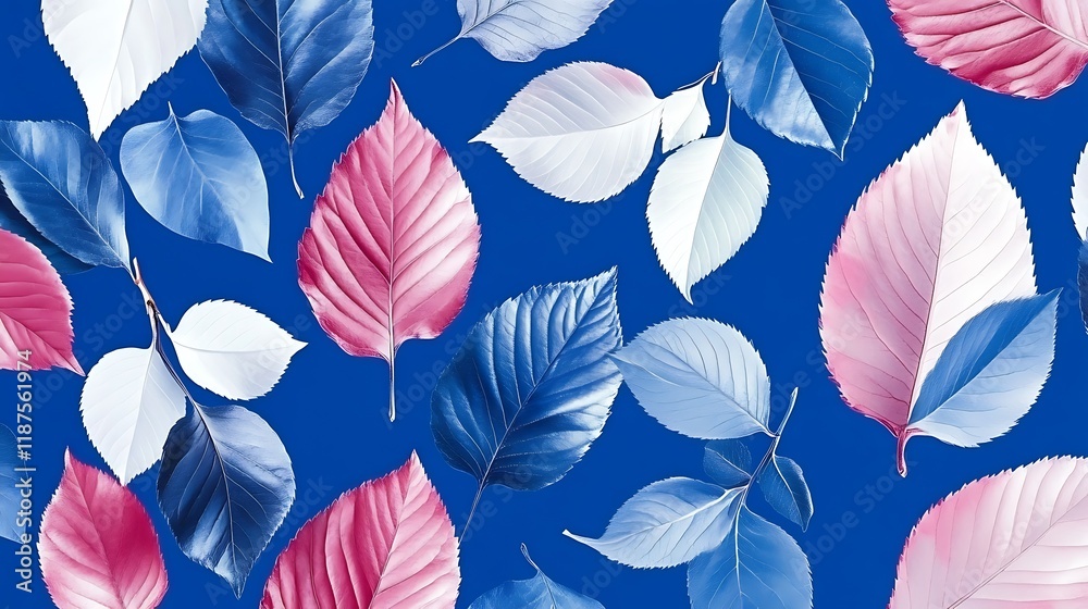 Naklejka premium Blue, Pink, and White Leaves on a Vibrant Blue Background: A Stunning Botanical Pattern