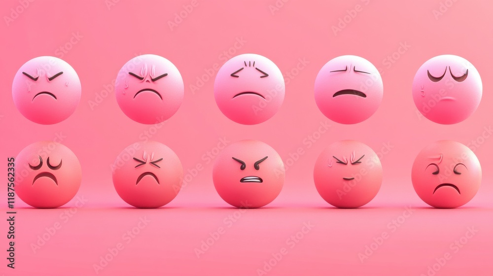 A collection of slightly frowning emoji faces in various emotional expressions, from mild sadness to thoughtful concern, all in subtle pink tones with smooth gradients. A collection of slightly frowning emoji faces in various emotional expressions, from mild sadness to thoughtful concern, all in subtle pink tones with smooth gradients.