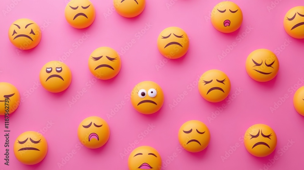 Fototapeta premium A creative composition of emoji faces with subtle frowns, displaying a range of emotions from melancholy to introspection, against a gradient pink backdrop.