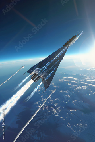 High-Flying Modern Jet Cutting Through Clear Blue Skies at Supersonic Speed