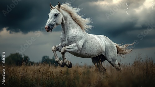 Majestic white horse galloping in a stormy field.