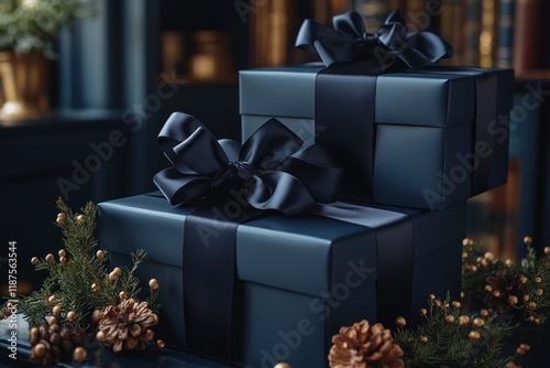 Elegant Black Gift Boxes with Ribbons on Dark Background for Luxury Gift Giving and Celebrations photo