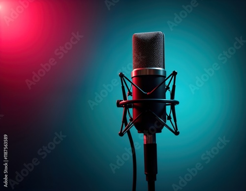 Pro condenser microphone studio set against dark background. Colored lights create dramatic visual effect. Image perfect for podcasting, audio recording in studio. Audio tech, modern studio