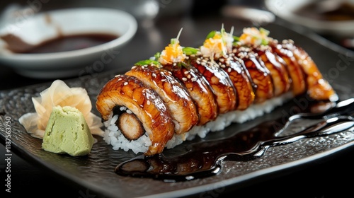 A restaurant-style presentation of grilled eel rice bowl, with rich teriyaki sauce dripping over the eel, paired with a side of fresh wasabi and ginger slices