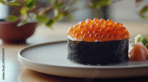 High-resolution shot of a sushi roll topped with bright, plump salmon roe, served on a minimalist ceramic plate with garnish on the side.