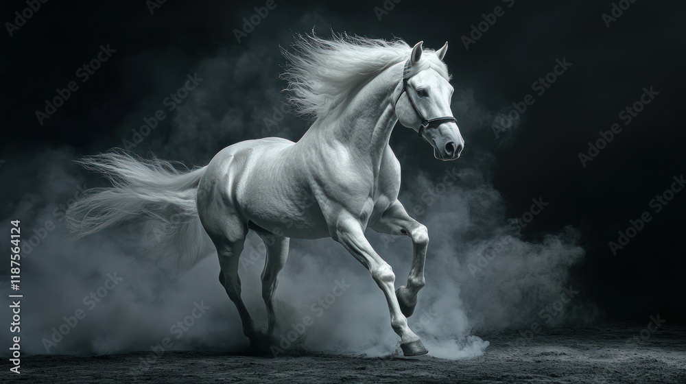Fototapeta premium Majestic white stallion running, mane and tail flowing, in smoky dark setting.