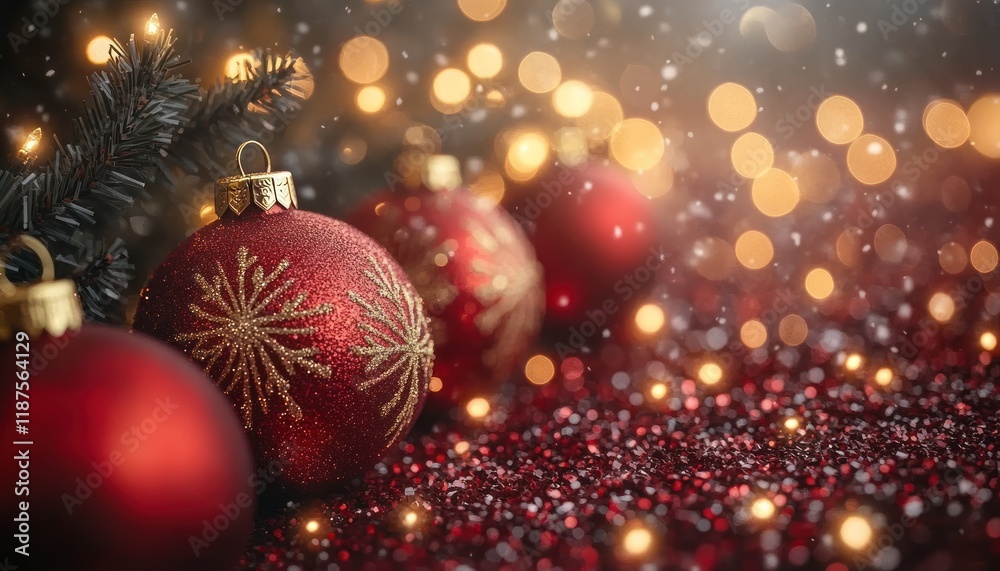 Merry Christmas Festive Scene with Red and Gold Ornaments Soft Lights Holiday Decoration Design Merry Christmas Festive Scene with Red and Gold Ornaments Soft Lights Holiday Decoration Design