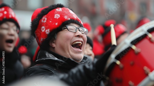 Cheerful drummer celebrating with festival parade in vibrant winter hat photo