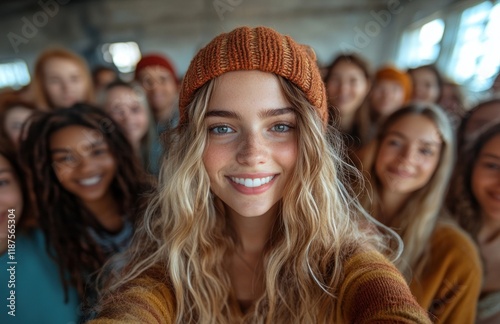 Cheerful diverse group of professionals taking a selfie during a casual team meeting in the office photo