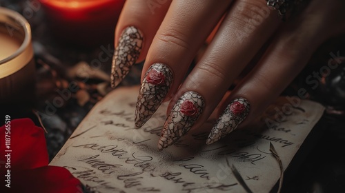 Romantic French manicure with hand-painted Valentine’s florals, captured against a lace backdrop with a vintage vibe photo