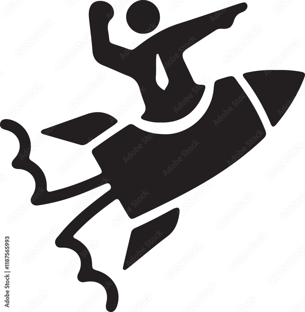 An illustration of an icon of a stickman wearing a tie riding a rocket with their hand pointing forward silhouette An illustration of an icon of a stickman wearing a tie riding a rocket with their hand pointing forward silhouette