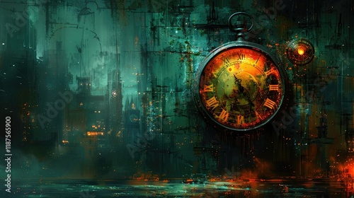 Antique Clock Over Futuristic Cityscape Night View