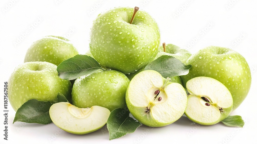 Vibrant Green Apples: A fresh and juicy selection of crisp green apples with water droplets, complemented by lush green leaves, inviting a healthy bite. Vibrant Green Apples: A fresh and juicy selection of crisp green apples with water droplets, complemented by lush green leaves, inviting a healthy bite.