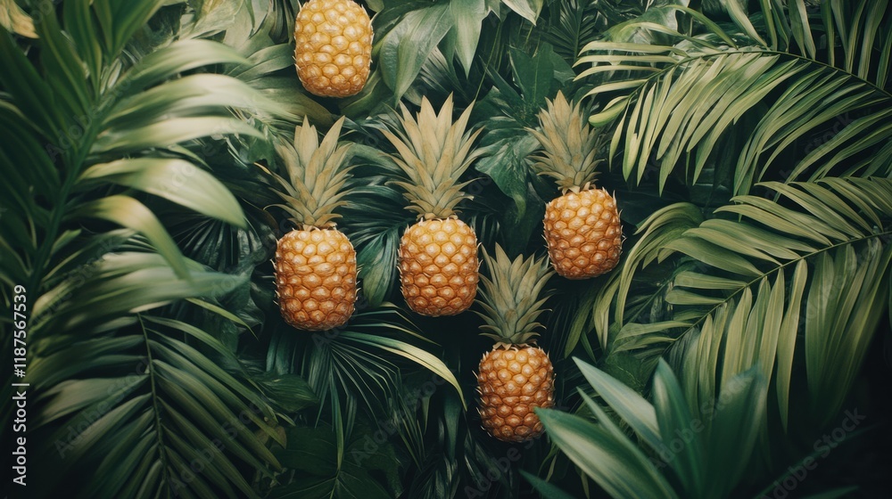 Obraz premium Colorful pineapples nestled among tropical palm trees and vibrant foliage in a lush environment. Generative AI
