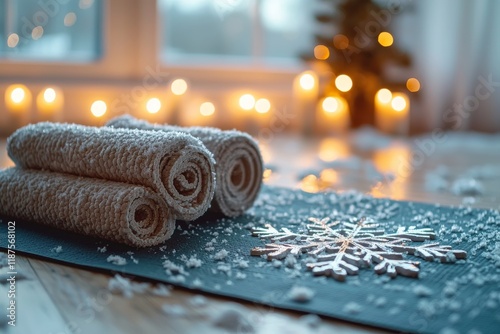 Snowflakes Blanket: A Tranquil Winter Yoga Mat Scene with Frozen Serenity and Peaceful Calmness photo