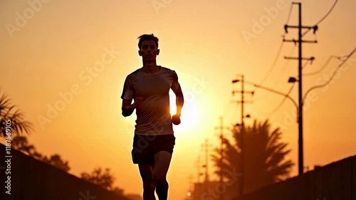 Runner Silhouetted Against Vibrant Sunset: A Morning Jog