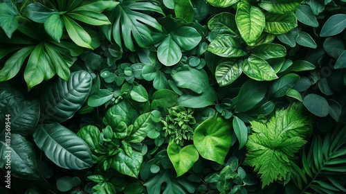 Fototapeta Naklejka Na Ścianę i Meble -  Lush Emerald Canopy A Tapestry of Tropical Green Leaves and Foliage Creating a Natural Textured Background for Nature Lovers