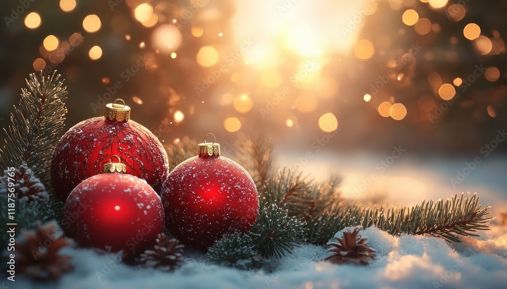 Obraz premium Christmas Ornaments Pine Branches Glowing Light Cozy Atmosphere Festive Still Life Design