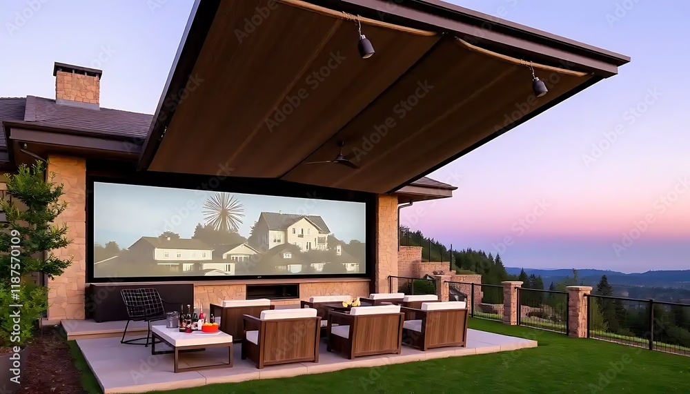 Fototapeta premium Outdoor home theater with retractable roof and seating area