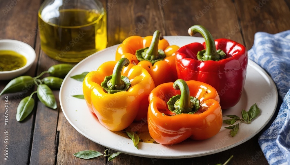 Colorful Roasted Stuffed Peppers on a White Plate Colorful Roasted Stuffed Peppers on a White Plate