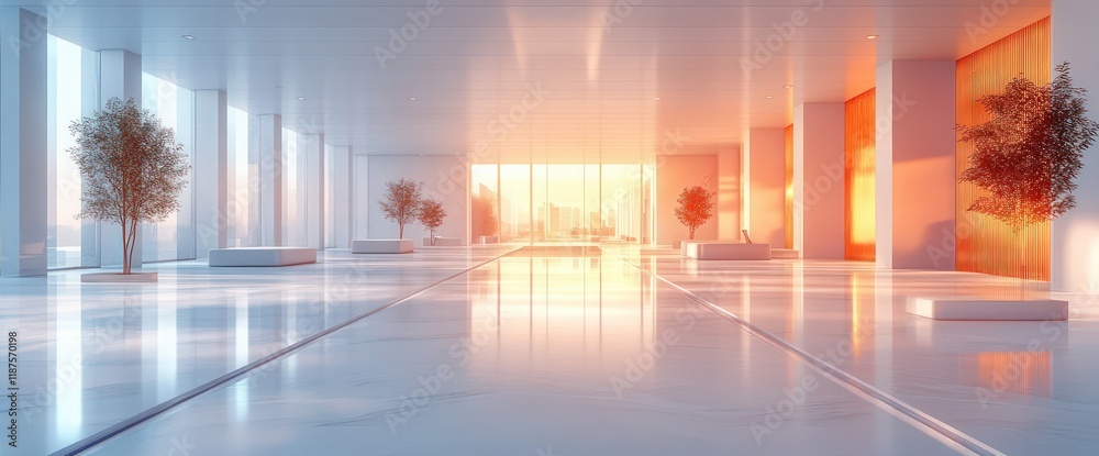 Fototapeta premium Modern, bright lobby with sunset view.