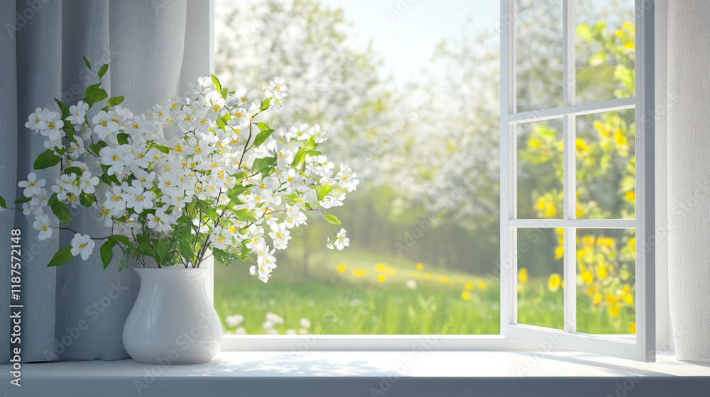 A bright white window with a spring landscape view A bright white window with a spring landscape view