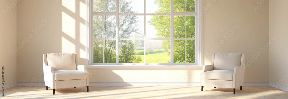 A pair of light beige armchairs in front of a bright window with a beautiful greenery view
