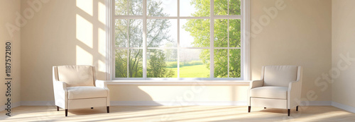 Obraz na płótnie A pair of light beige armchairs in front of a bright window with a beautiful greenery view w salonie