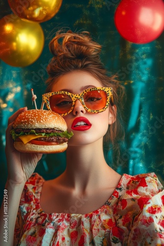 Women having a blast at a lively party while savoring delicious burgers and sharing laughter photo