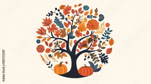 Autumnal tree design, fall leaves, pumpkins, cream background, seasonal greeting