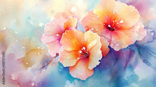 Fototapeta Naklejka Na Ścianę i Meble -  Morning dew on watercolor flowers, macro shot of water droplets on delicate petals, artistically blurred. Dewfall. Illustration