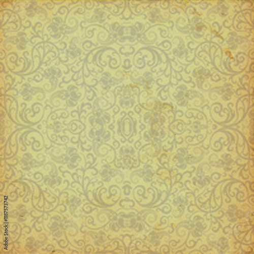 Aged yellow ornate damask wallpaper with distressed vintage texture. Great for retro backgrounds, antique décor, scrapbook design, and old-fashioned graphic themes.