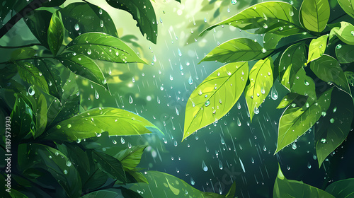 Vibrant green leaves with raindrops in a lush garden. Dewfall. Illustration photo