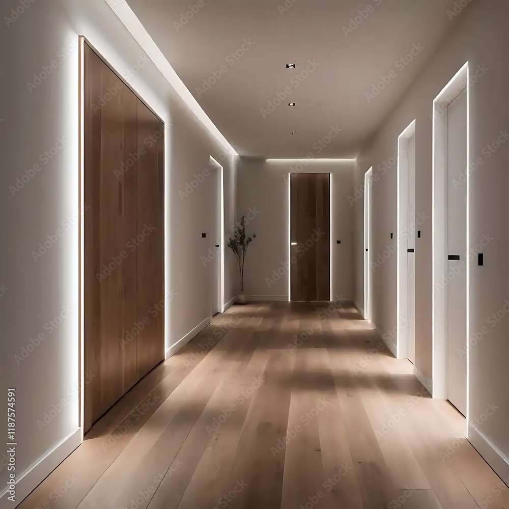Modern hallway with wooden floor and recessed lighting Modern hallway with wooden floor and recessed lighting