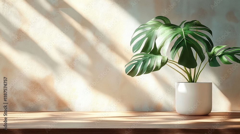 Minimalist still life with Monstera plant in white pot on wooden table with natural light and shadows on textured beige wall for beauty and fashion product display Minimalist still life with Monstera plant in white pot on wooden table with natural light and shadows on textured beige wall for beauty and fashion product display
