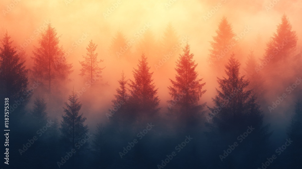 Ethereal forest scene with towering pine trees shrouded in mystical fog and bathed in the warm glow of dawn or dusk creates an atmosphere of tranquility and wonder Ethereal forest scene with towering pine trees shrouded in mystical fog and bathed in the warm glow of dawn or dusk creates an atmosphere of tranquility and wonder