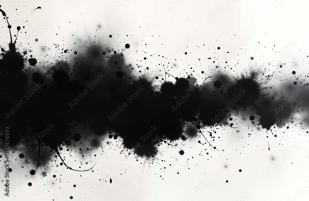Abstract ink splatter art on white background. Dynamic black ink splashes, calligraphic strokes create textured patterns. Japanese sumi-e style. Bold contrast between black, white. Minimalist design. Abstract ink splatter art on white background. Dynamic black ink splashes, calligraphic strokes create textured patterns. Japanese sumi-e style. Bold contrast between black, white. Minimalist design.