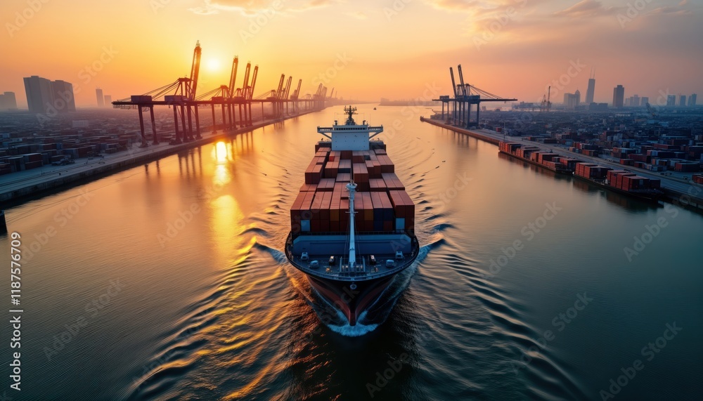 Fototapeta premium Cargo ship sails into port at sunset. Large container ship navigates harbor channel. Shipping containers lined up along docks. Golden hour light illuminates water. Global trade evident. Modern
