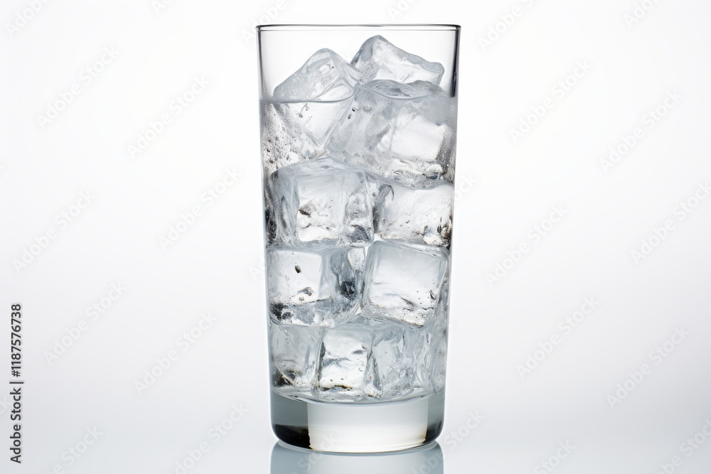 Clear glass filled with ice cubes, showcasing refreshing coldness perfect for summer drinks or cocktails Clear glass filled with ice cubes, showcasing refreshing coldness perfect for summer drinks or cocktails