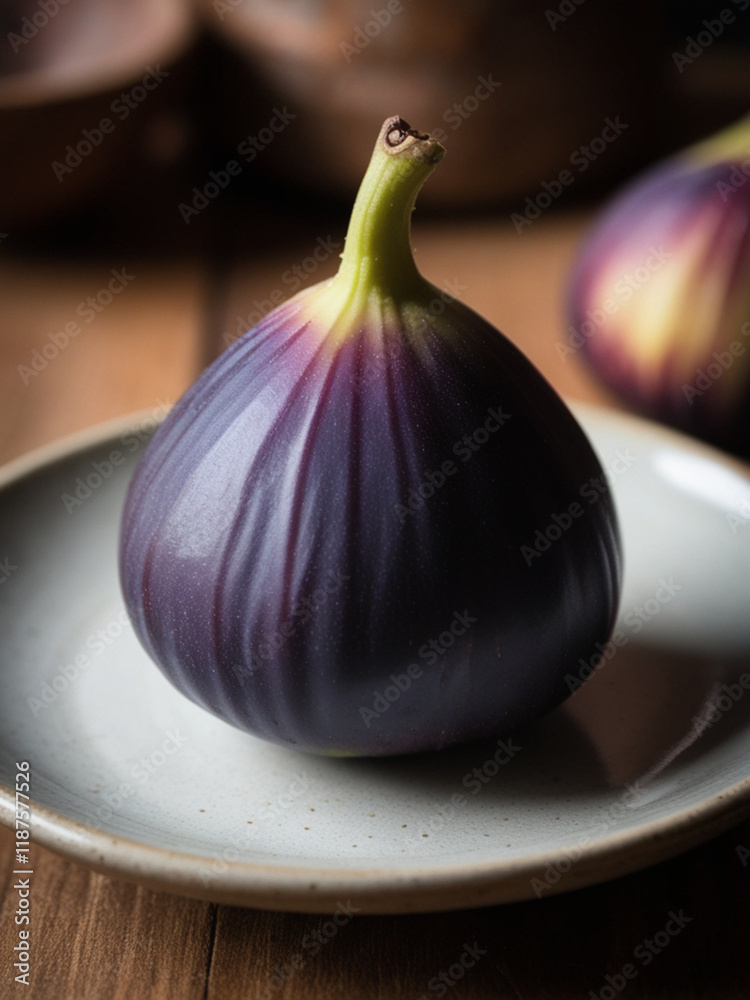 Fototapeta premium Photorealistic Fig with Deep Purple Skin and Green Stem on Ceramic Plate, Rustic Kitchen Setting with Blurred Background and Natural Lighting
