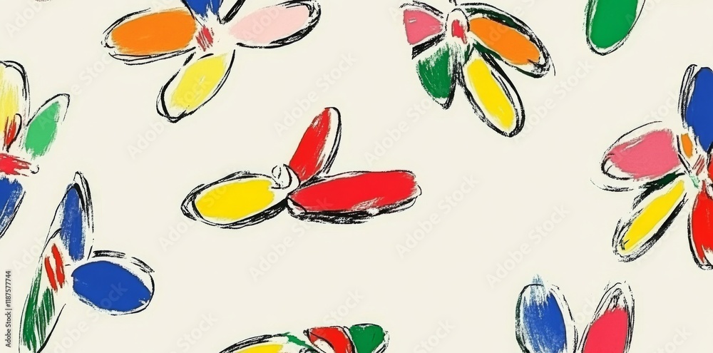 Obraz premium Colorful and fun, this hand-drawn floral seamless pattern with a childish doodle style is perfect for fabric, cover, wrapping, and wallpaper projects