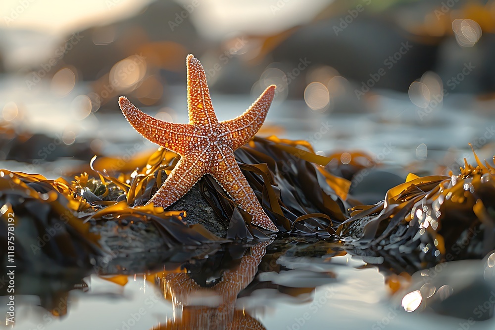 Orange starfish on rocks, seaweed, ocean tide pool reflection. Orange starfish on rocks, seaweed, ocean tide pool reflection.