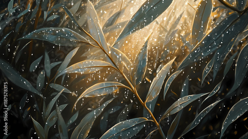 Dewcovered leaves glistening in morning sunlight, representing the effects of transpiration overnight. Dewfall. Illustration