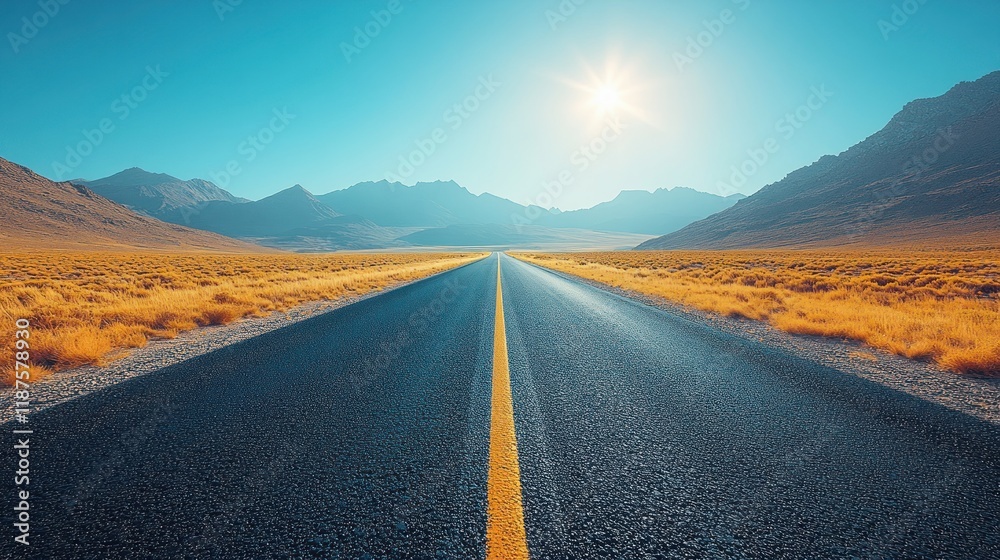 Fototapeta premium Straight Road Under Clear Sky with Golden Grasslands and Bright Sunlight