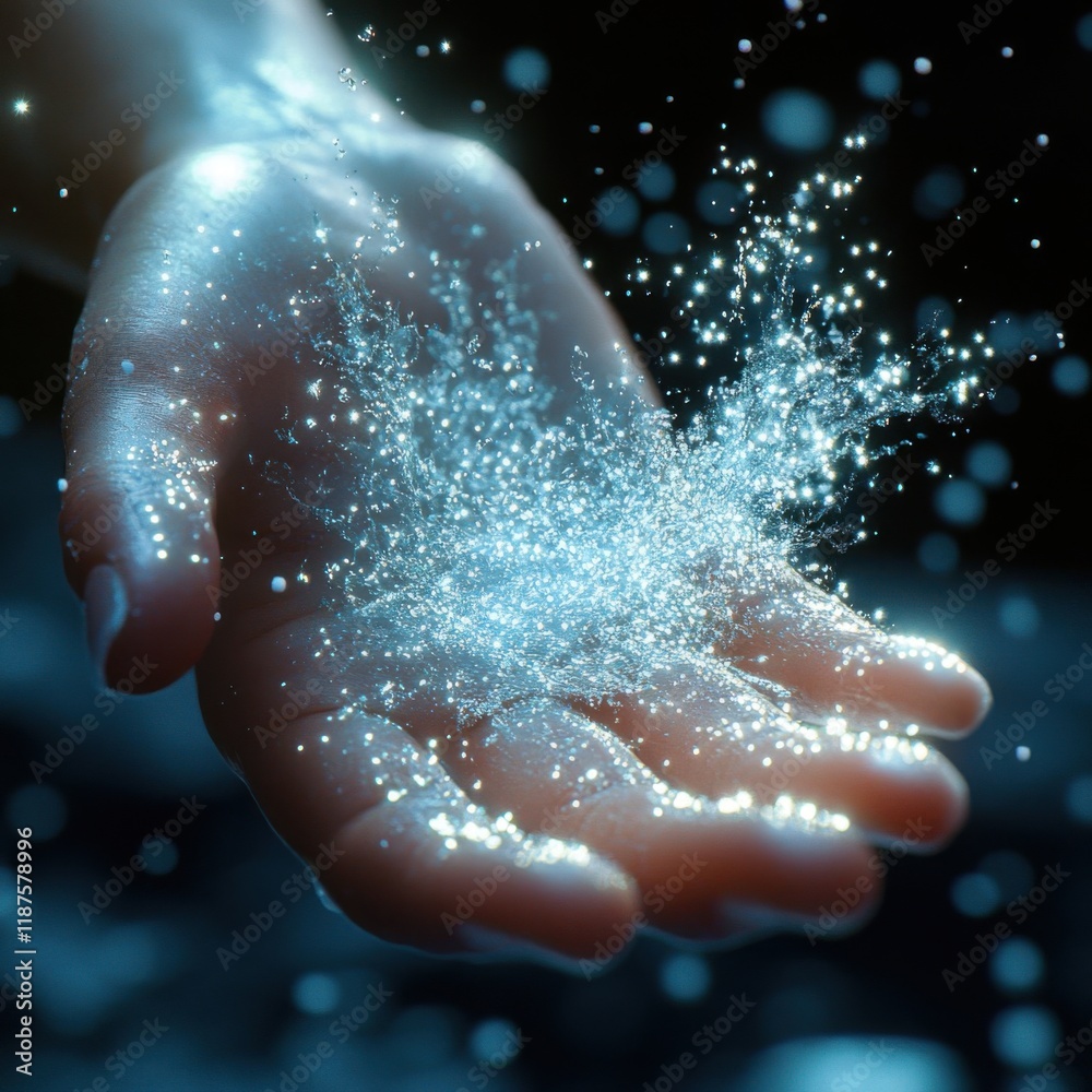 Fototapeta premium Sparkling Water Droplets in Open Hand