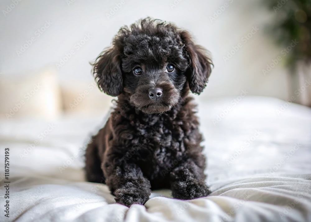 Adorable Black Toy Poodle Puppy on Soft Bed - Cute Pet Photo Adorable Black Toy Poodle Puppy on Soft Bed - Cute Pet Photo
