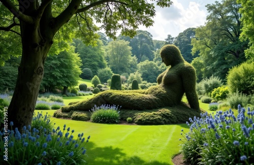 Scenic garden landscape features iconic Mud Maid sculpture. Rich green grass with diverse flora, trees. Calmness, serenity evident in beautiful British garden. Stunning high-coloured verdant nature