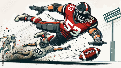 A linebacker diving to make a tackle, with dynamic action lines and dust particles in a flat-style composition