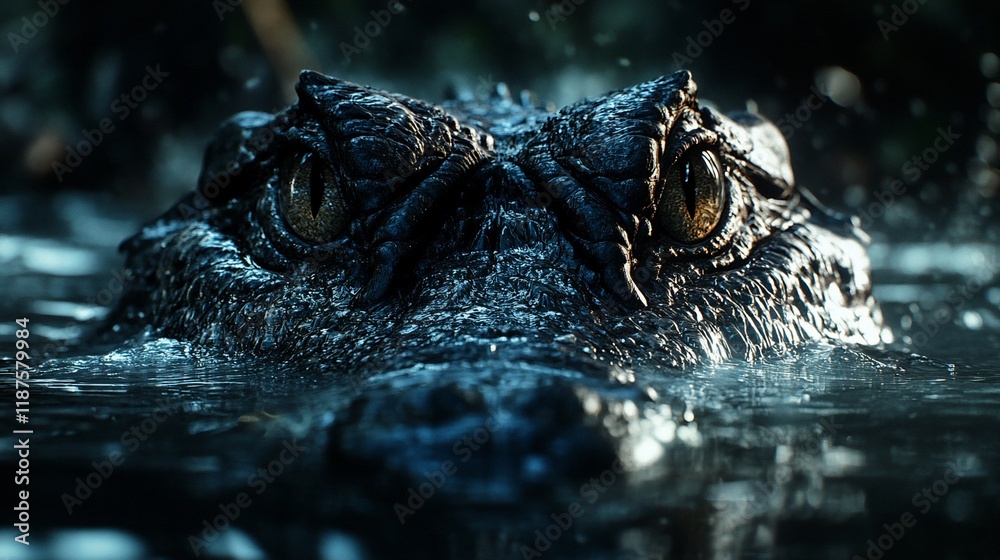 Obraz premium Close-up of a crocodile's head emerging from dark water.